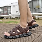 cheap Outdoor Sandals-Men's Faux Leather Velcro Strap Sandals, Breathable and Adjustable for Summer Vacations, Beach Days and Relaxed Casual Wear