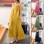 abordables Robes-Femmes Robe Maxi Robes effet lin Robe fourreau Robe Décontractée Mode Basique Moderne Quotidien Vacances Sortir Coupe Ample Uni Sans manches Col en U Jaune Rose Claire Rouge bleu marine Été Printemps