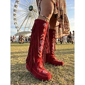 abordables Mujeres-Botas hasta la rodilla de gamuza sintética bordada con flecos para mujer, estilo bohemio para festivales y ropa informal