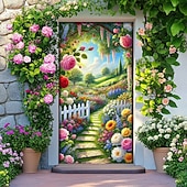 baratos Tampas da porta-Capa para porta com estampa de jardim de rosas, caminho de cerca de estacas com flores em 2D, decoração elegante para entrada de casa, perfeita para porta da frente ou hall de entrada.