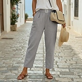  Femmes Pantalon en coton et lin Slacks Pantalon d'été 100% Coton Uni Classique Longueur cheville Taille Moyenne Avec Poches Bouffant Conception à cordon élastique Confort Respirabilité Doux