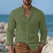 baratos Férias-Homens Camisa Social Camisa de linho Camisa de colarinho chinês Camisa gola mandarim Camisa casual camisa de botão Tecido Streetwear Férias Azul Preto Branco Rosa Manga Longa colarinho do vovô