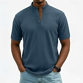 billige Cordfløy T-skjorter-Herre Kordfløyel skjorte T-skjorter Kortermet Helfarge عادي Gammeldags stil Henley Knapper Høy krage Henley Avslappet Daglig utendørs Sommer Vår Vår &amp; Vinter Svart kaffe Grå Henley T-skjorte