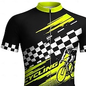 cheap Men's Jerseys-Men Cycling Jersey Downhill Jersey Geometric Checkerboard Short Sleeve Bike Jersey T Shirt with 3 Rear Pockets UV Resistant Fast Dry With Pockets Front Zipper Sports Green Clothing Apparel