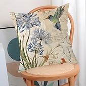 baratos Jogue travesseiros, inserções e capas-Capa de almofada decorativa em linho com estampa floral de primavera e pássaros, ideal para sala de estar, sofá e decoração de casa.