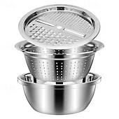 voordelige Fruit- &amp; Groentebenodigdheden-3-delige roestvrijstalen keukenset met geïntegreerde hakmolen, multifunctioneel filter en mengkom, ideaal voor het schoonmaken en snijden van fruit, groenten en kaas, perfect voor thuis koken,