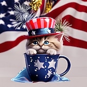  8 stk. patriotiske ornamenter til 4. juli, søt kattunge i tekopp hengende dekorasjon, uavhengighetsdagen rød hvit blå amerikansk flagg klatretre dekor til hjemmefest, minnedagsgaver til katteelskere