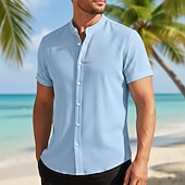 cheap Men's Button Up Shirts-Men's Shirt Summer Shirt Beach Wear Corduroy Shirt Navy Blue Short Sleeve Plain Stand Collar Mandarin Collar Henley Casual Daily Clothing Apparel Fashion Casual Comfortable Smart Casual