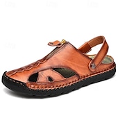 cheap Casual Sandals-Men's Brown Faux Leather Closed-Toe Sandals, Hand-Stitched Breathable Casual Shoes for Summer Outdoor &amp; Beach Wear