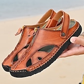cheap Casual Sandals-Men's Brown Faux Leather Closed-Toe Sandals, Hand-Stitched Breathable Casual Shoes for Summer Outdoor &amp; Beach Wear