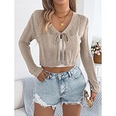 preiswerte Einfarbiger Cardigan-Damen Pullover Strickjacke Urlaub Mode Lässig Einfarbig Gehäkelt V Ausschnitt Schnürung Gestrickt Langarm Crop Tops Stricken Täglich Outdoor Wochenende Schwarz Weiß Sommer Frühling