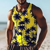 abordables Translation-Débardeur homme, sans manches, col rond, imprimé intégral de palmiers jaunes et noirs vifs, style tropical, idéal pour les vacances à la plage. Disponible du S au XXXL.