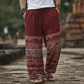 cheap Men's Printed Casual Pants-Men's Floral Print Ethnic Trousers Baggy Pants Casual Pants Mid Waist Boho Vintage Retro Home Outdoor Vacation Elastic Drawstring Waist Linen-Like Pants with Pockets Summer Spring 3D Print Blue Wine