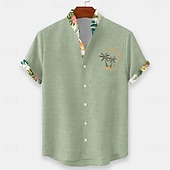 preiswerte Tropische Pflanzen-Herren Kokospalme Tropische Pflanzen Blumen Sommer Hawaiihemd Knopfhemd Stehkragenhemd Kurzarm Hawaiianisch Strandurlaub Sommer Frühling Mandarinkragen 3D-Druck Leinenähnliches Hemd Blau Rosa Grün
