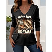  Itsenäisyyspäivä amerikkalainen juhlavuosi isänmaallinen naisten t-paita painatus graafinen amerikkalainen lippu vintage tyylikäs rento pitkähihaisella V-kaula-aukolla säännölliset yöpaitat