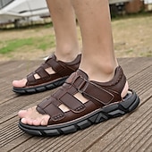 cheap Outdoor Sandals-Men's Faux Leather Velcro Strap Sandals, Breathable and Adjustable for Summer Vacations, Beach Days and Relaxed Casual Wear