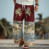 cheap Men's Printed Casual Pants-Men's Coconut Tree Palm Tree Tropical Plants Trousers Baggy Pants Casual Pants Mid Waist Hawaiian Outdoor Vacation Beach Wear Elastic Drawstring Waist Linen-Like Pants with Pockets Summer Spring 3D