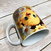 levne Šálky a hrnečky-Hrnek na kávu o objemu 293 ml s roztomilým 3D motivem kočky, králíka a ptáka, termohrnek z keramiky, opakovaně použitelný, pouze ruční mytí, rozkošný zvířecí design s květinami, perfektní dárek ke