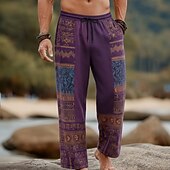 abordables Pantalons décontractés imprimés pour hommes-Homme Formes Géométriques Ethnique Pantalons Pantalons Amples Pantalon décontracté Taille Moyenne Boho Vintage Rétro Maison Extérieur Vacances Taille élastique avec cordon de serrage Pantalon en lin