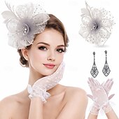 abordables Fascinadores &amp; Sombreros-Conjunto Guantes Fascinador Pendientes Dama Floral Disfraz Mujer Mascarada Fiesta de Té Pañuelo Festival de carreras de caballos Adulto Tocados Guantes Pendientes Todas las Temporadas