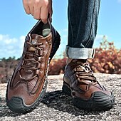 cheap Casual Lace-Up Shoes-Men's Brown Hand-Stitched Faux Leather Hiking Shoes – Rugged Casual Footwear for Outdoor Trekking &amp; Daily Street Style