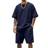 tanie Zestawy koszulek męskich Basic-Męskie T-shirt Garnitury 2 sztuki stroje Koszulka i spodenki Krótki rękaw Półgolf Lato Równina Moda Codzienny 2-częściowa Codzienny Urlop Dzienne zużycie Zgniła zieleń Czarny Biały Top Tee dla