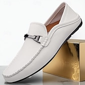 economico Mocassini casual-mocassini slip-on da uomo in similpelle bianca con fibbia in metallo, classiche scarpe casual da lavoro per gli spostamenti in ufficio, i matrimoni e l'uso quotidiano