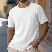 お買い得  コットンリネンTシャツ-男性用 ティートップ リネンTシャツ 半袖 クルーネック ラウンドネック 夏 平織り ファッション デザイナー ベーシック ソフト ナチュラルエッジ ビーチ バケーション カジュアル／普段着 ピンク メンズトップTシャツ