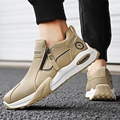 cheap Slip-On Casual Shoes-Men's Khaki and Black Slip-On Sneakers with Side Zipper, Lightweight Athletic Casual Shoes for Daily Walking, Travel and Outdoor Activities