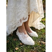 cheap Bride-Women's Ivory Lace Floral Pearl Flat Shoes, Romantic Bridal Flats for Outdoor Garden Weddings