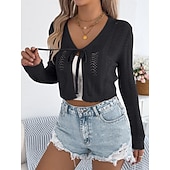 preiswerte Einfarbiger Cardigan-Damen Pullover Strickjacke Urlaub Mode Lässig Einfarbig Gehäkelt V Ausschnitt Schnürung Gestrickt Langarm Crop Tops Stricken Täglich Outdoor Wochenende Schwarz Weiß Sommer Frühling