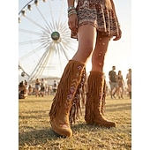abordables Mujeres-Botas hasta la rodilla de gamuza sintética bordada con flecos para mujer, estilo bohemio para festivales y ropa informal