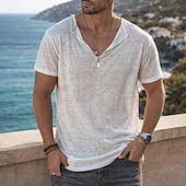 cheap Cotton Linen T-shirts-Men's Tee Top Linen T-Shirt Short Sleeve Short Sleeves Henley Collar Summer Plain Fashion Designer Basic Soft Casual Vacation Street Light Blue Top Tee for Men