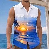 billige Ocean Print-Herre Kokosnøttre Natur og landskap Solnedgang Skjorte Hawaii skjorte Aloha skjorte Ermeløs Feriested Strandferie Sommer Vår Aftæpning 3D-utskrift To lommer foran Skjorter med knapper Blå Rosa Lilla