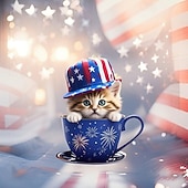  8 stk. patriotiske ornamenter til 4. juli, søt kattunge i tekopp hengende dekorasjon, uavhengighetsdagen rød hvit blå amerikansk flagg klatretre dekor til hjemmefest, minnedagsgaver til katteelskere