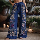  女性用 ワイドレッグ パンツ パラッツォパンツ ファッション ボヘミアン 全長 ハイウエスト フラワー ドローストリング 弾性ウエスト プリント 通気性 快適 ストリート デイリーウェア お出かけ ブルー アーミーグリーン オレンジ グリーン 春 秋 レギュラー