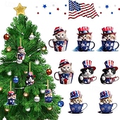  8 stk. patriotiske ornamenter til 4. juli, søt kattunge i tekopp hengende dekorasjon, uavhengighetsdagen rød hvit blå amerikansk flagg klatretre dekor til hjemmefest, minnedagsgaver til katteelskere