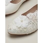 cheap Bride-Women's Ivory Lace Floral Pearl Flat Shoes, Romantic Bridal Flats for Outdoor Garden Weddings