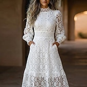 economico Abiti in pizzo bianco-Per donna Abito Midi Abito maxi Abito Bianco Abito in Pizzo Vestito Casual Elegante Moda Moderno All'aperto Vacanza Uscire Vestibilità regolare Taglia piccola Geometrico Manica Lunga Collo Alto Collo