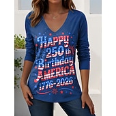  Amerikan itsenäisyyspäivä Naisten T-paita Painettu Kuvitettu Amerikan lippu Vintage Tyylikäs Vapaa-aika Pitkähihainen V kaula-aukko Tavalliset topit Päivittäin Viikonloppu Sininen Valkoinen Laivaston