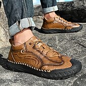 cheap Casual Lace-Up Shoes-Men's Brown Hand-Stitched Faux Leather Hiking Shoes – Rugged Casual Footwear for Outdoor Trekking &amp; Daily Street Style