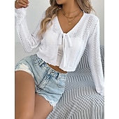 preiswerte Einfarbiger Cardigan-Damen Pullover Strickjacke Urlaub Mode Lässig Einfarbig Gehäkelt V Ausschnitt Schnürung Gestrickt Langarm Crop Tops Stricken Täglich Outdoor Wochenende Schwarz Weiß Sommer Frühling