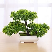 preiswerte Künstliche Pflanzen &amp; Grünpflanzen-Mini-Bonsai-Bäume aus Kunststoff in Zementtöpfen, dreistämmige künstliche Kiefern-Bonsai, künstliche Topfpflanzen für die Dekoration von Wohnzimmer, Schreibtisch oder Homeoffice