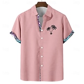 cheap Tropical Plants-Men's Coconut Tree Tropical Plants Summer Hawaiian Shirt Button Up Shirt Aloha Shirt Short Sleeve Hawaiian Vacation Holiday Beach Wear Summer Spring Turndown 3D Print Linen Like Shirt Blue Pink Green