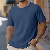 お買い得  コットンリネンTシャツ-男性用 ティートップ リネンTシャツ 半袖 クルーネック ラウンドネック 夏 平織り ファッション デザイナー ベーシック ソフト ナチュラルエッジ ビーチ バケーション カジュアル／普段着 ピンク メンズトップTシャツ