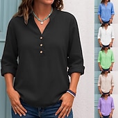 baratos Blusas Simples-Mulheres Blusa Botões Côr Sólida Diário à moda Casual Manga Longa Decote V Tops regulares Diário Preto Branco Roxo Verde Primavera Outono
