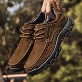 abordables Zapatos Informales con Cordones-Zapatos con cordones de piel sintética de ante color caqui para hombre, zapatillas informales antideslizantes y resistentes para senderismo y actividades al aire libre.