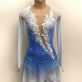 abordables Robes de Patinage Artistique-Robe de patinage artistique Femmes Patinage Robe Bleu + Blanc Patchwork Ourlet asymétrique Élastique Entraînement Compétition Tenue de Patinage Classique cristal pailleté manche longue Patinage sur