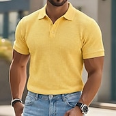 ieftine Polo clasic pentru bărbați-Bărbați Tricouri polo Waffle Texturat Casual Concediu Rever Guler polo cu nervuri Manșon scurt Modă De Bază Simplu Texturat Nasturi Moale Vară Primăvară Fit regulat Galben Verde mentă Trifoi Kaki Gri