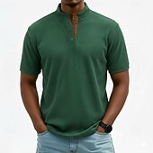 billige Cordfløy T-skjorter-Herre Kordfløyel skjorte T-skjorter Kortermet Helfarge عادي Gammeldags stil Henley Knapper Høy krage Henley Avslappet Daglig utendørs Sommer Vår Vår &amp; Vinter Svart kaffe Grå Henley T-skjorte